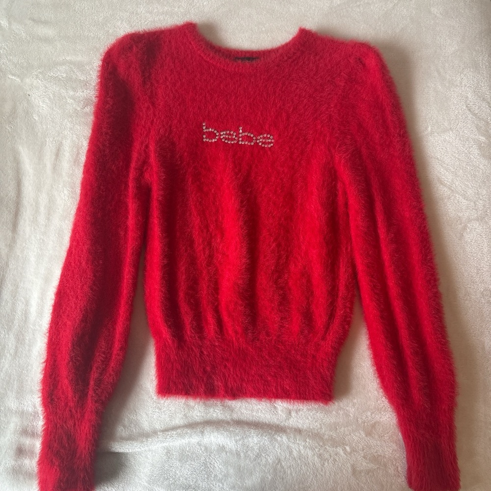 Bebe Red Fuzzy Crew Neck Sweater Rhinestone Logo Y2K Small